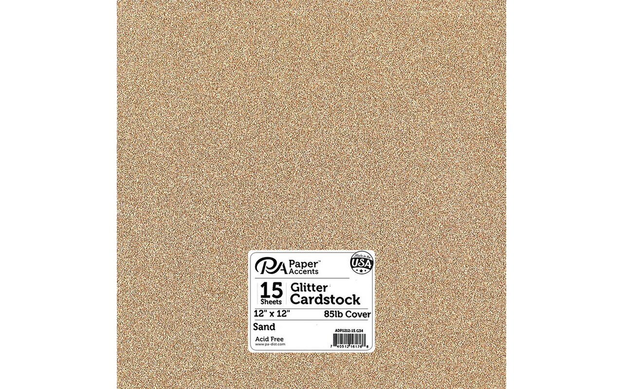 PA Paper Accents Glitter Cardstock 12" x 12" Sand, 85lb colored cardstock paper for card making, scrapbooking, printing, quilling and crafts, 15 piece pack